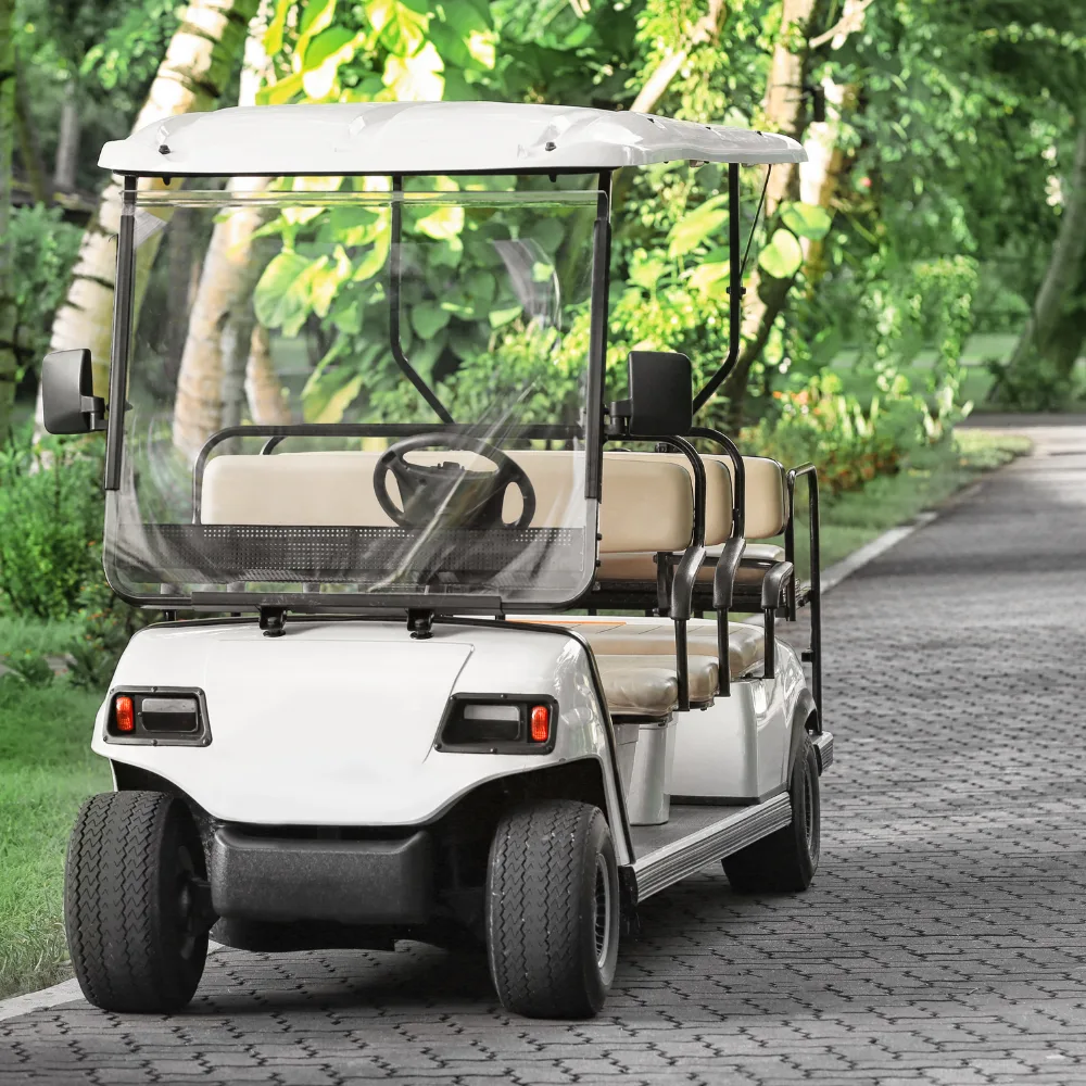 A white electric buggy parked on a paved garden path between palms