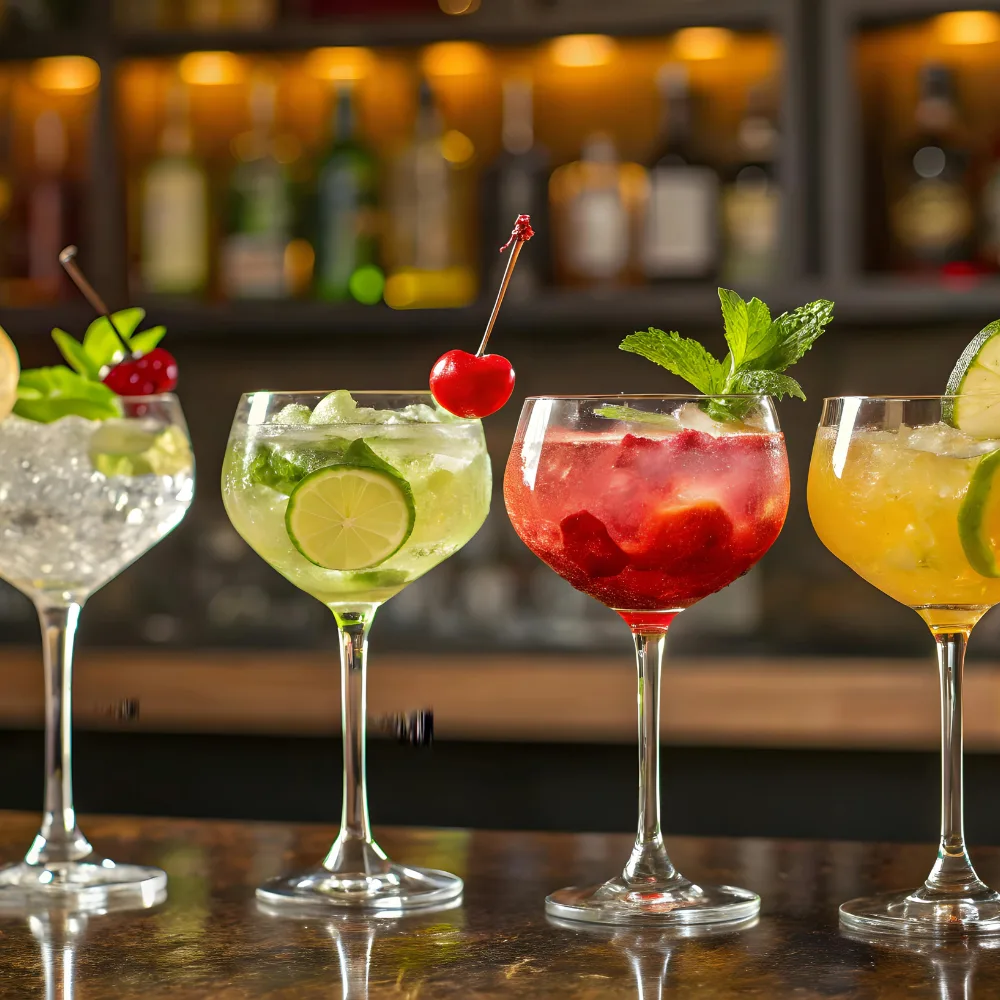 Four garnished drinks in stemmed glasses on a bar counter