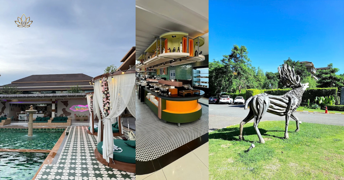 A curtained poolside cabana on patterned tiling, the open kitchen counter, and the lawned gardens