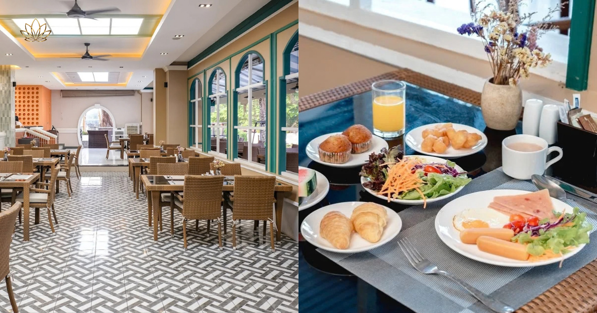 The dining room laid for service, and a breakfast setting of fruit, pastries and juice