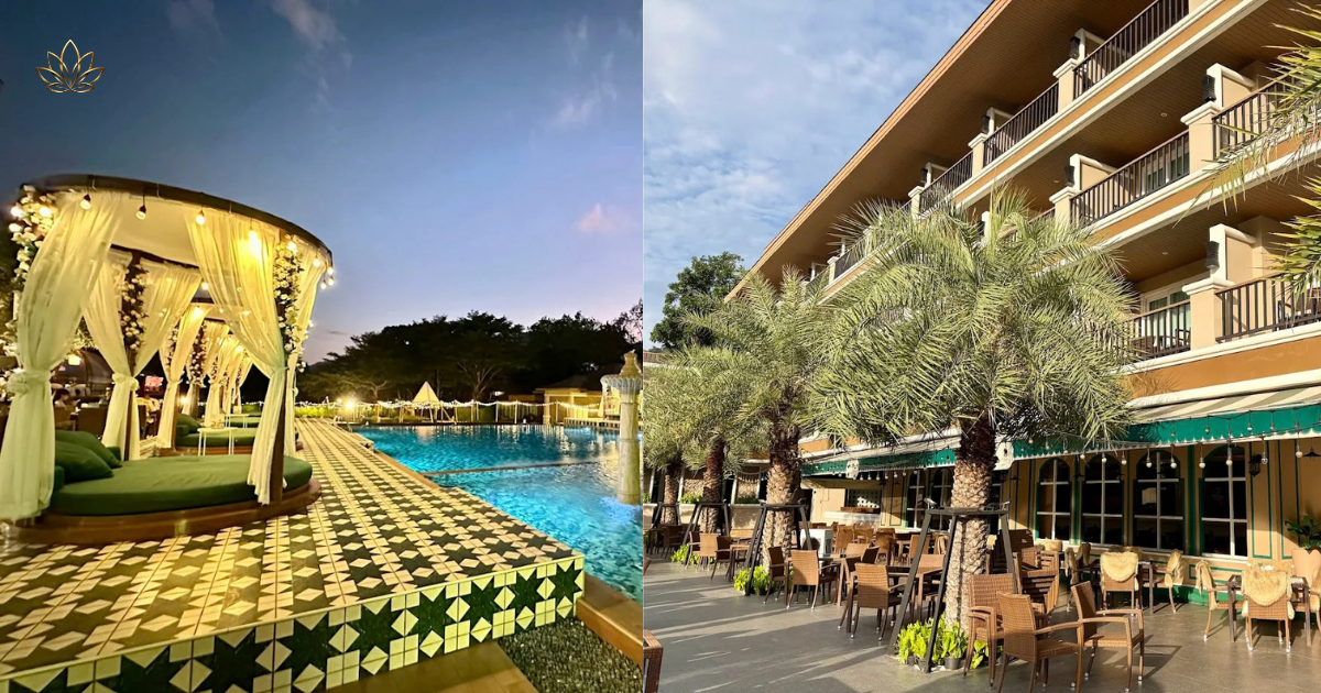A lit cabana beside the pool at dusk, and the property facade above the terrace tables