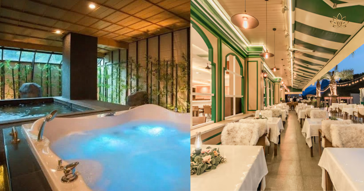 The indoor hydro pool looking out into the trees, and the dining room set for dinner