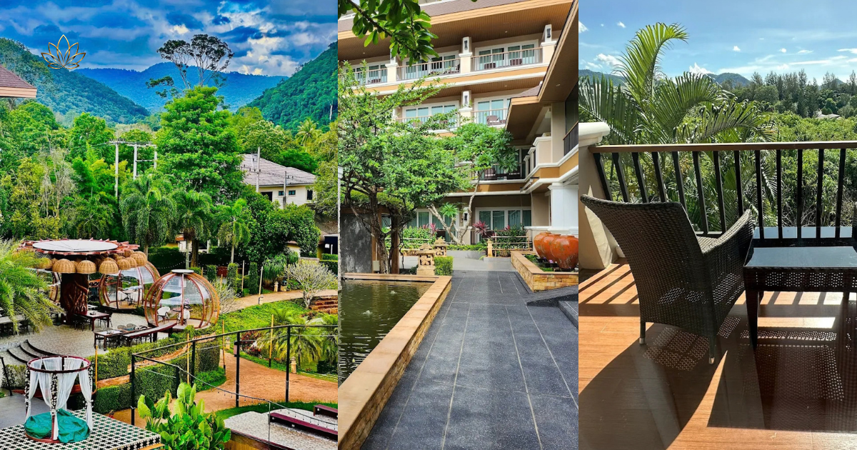 The gardens under the surrounding hills, the walkway between wings, and a balcony chair facing the mountains