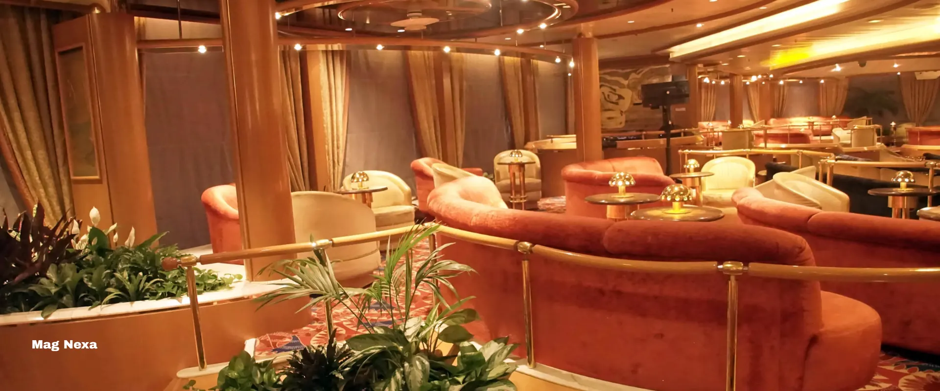 Luxury Cruise Night — the warmly lit lounge deck of a luxury cruiser, velvet seating and set tables